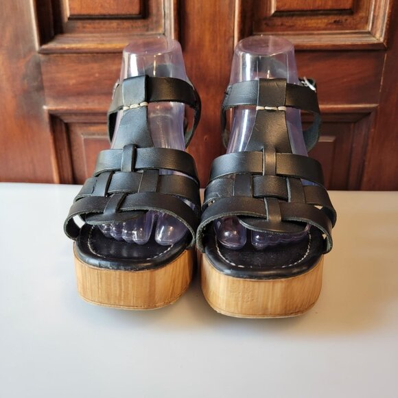 Anthropologie Silent D Italian Black Leather Wooden Fisherman Heels Sz 41 - Picture 4 of 11